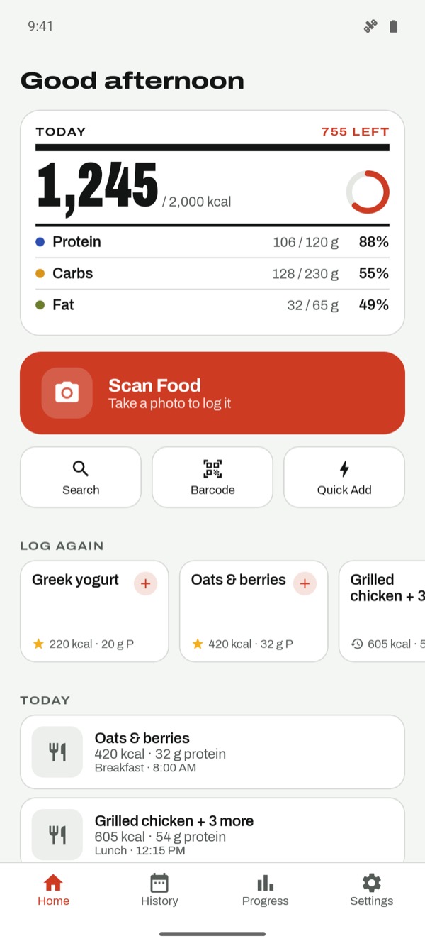 Daily calories and macros with progress against targets