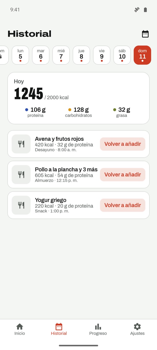 Historial en calendario