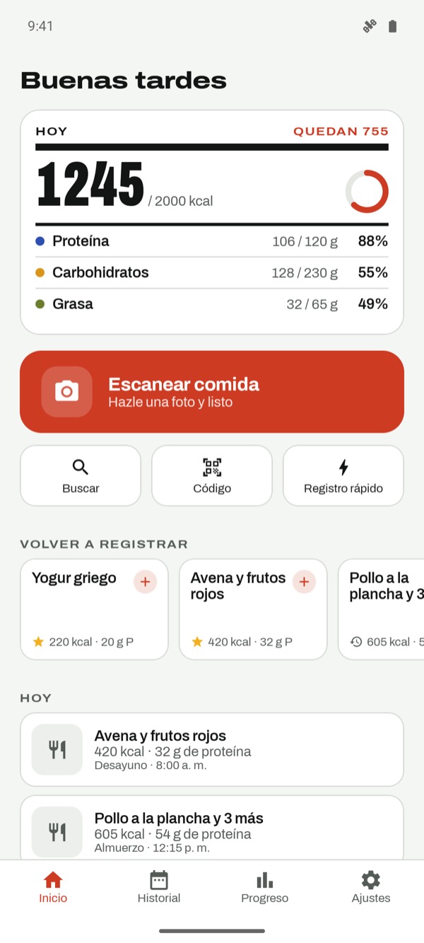 Pantalla de hoy con calorías y macros