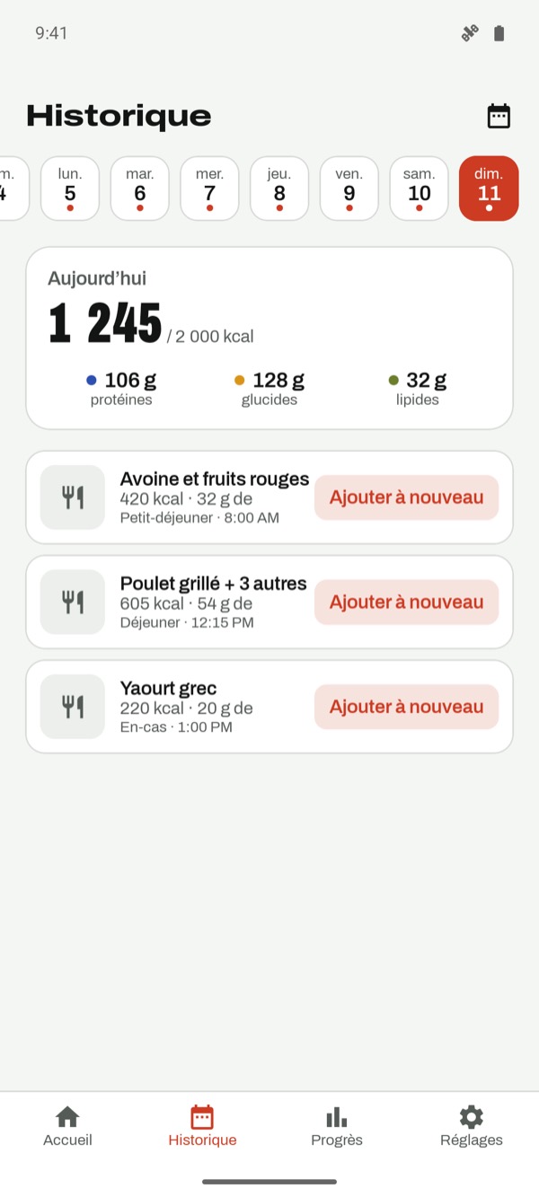 Historique sous forme de calendrier