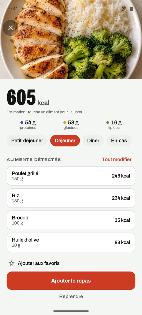 Estimation à partir d'une photo : 605 kcal avec 54 g de protéines, 58 g de glucides et 16 g de lipides