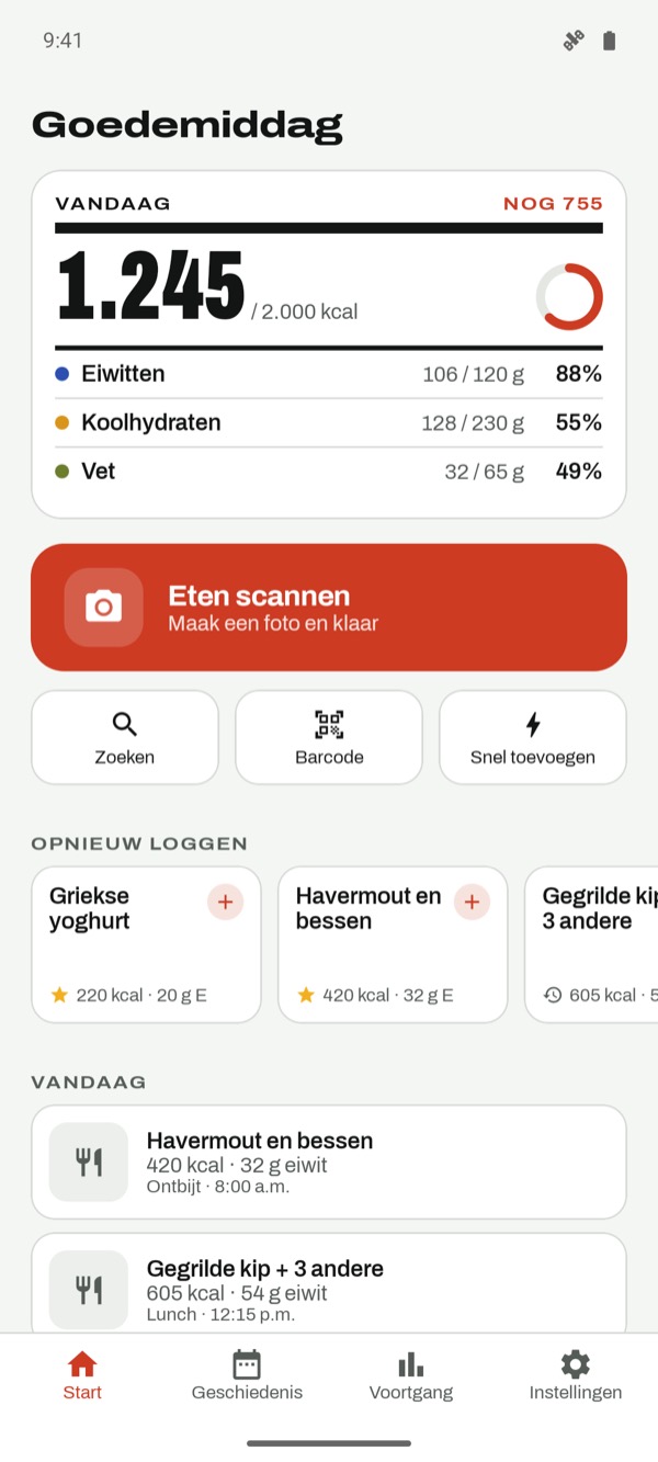 Vandaag-scherm met calorieën en macro's