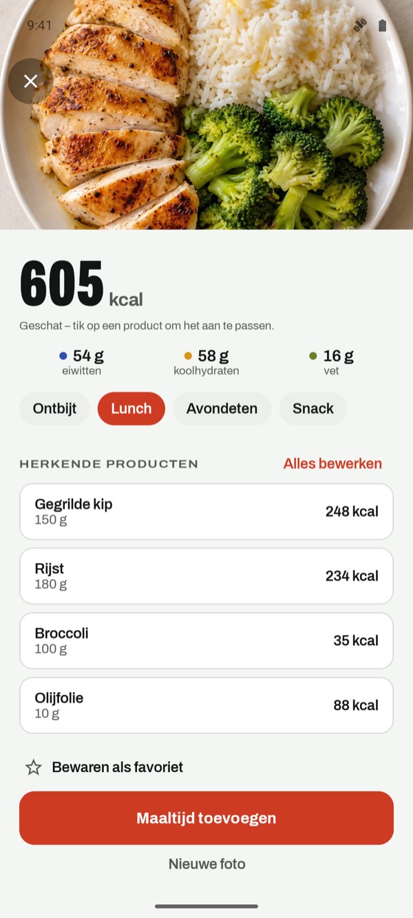 Schatting uit een foto: 605 kcal met 54 g eiwit, 58 g koolhydraten en 16 g vet