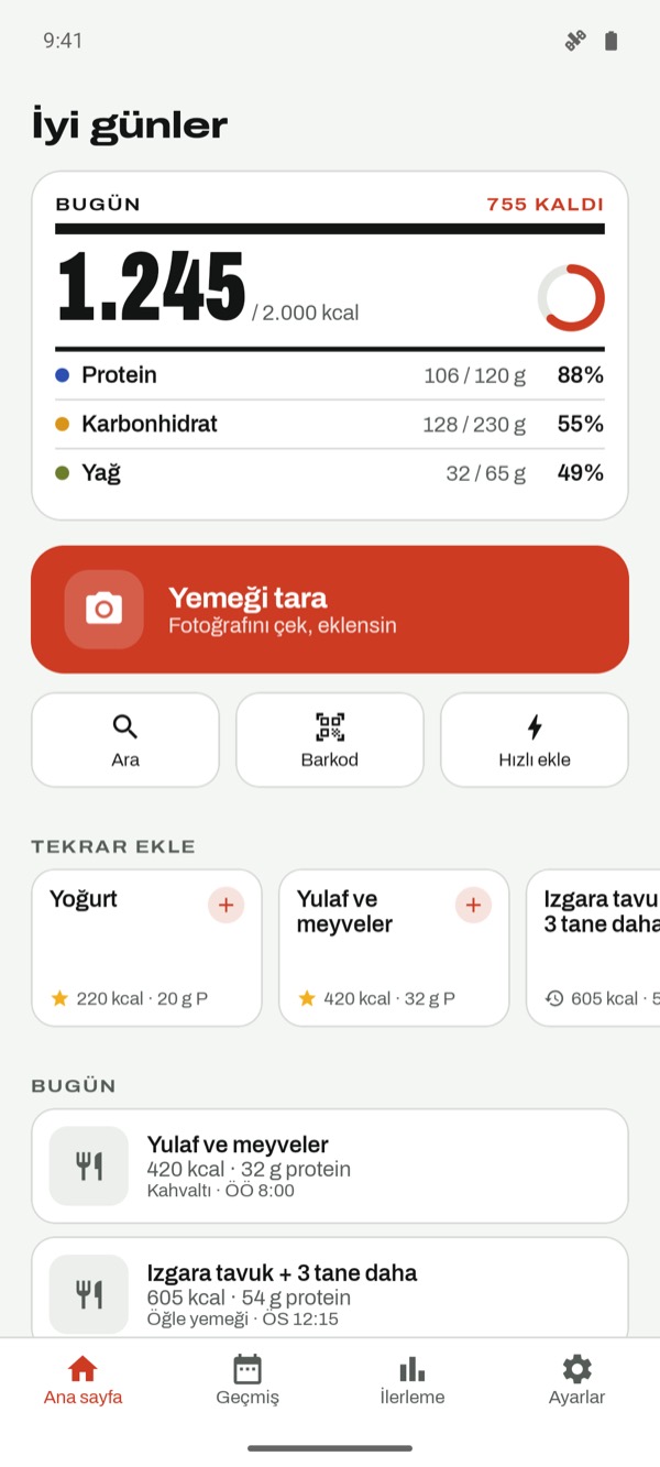 Kalori ve makrolarla bugün ekranı