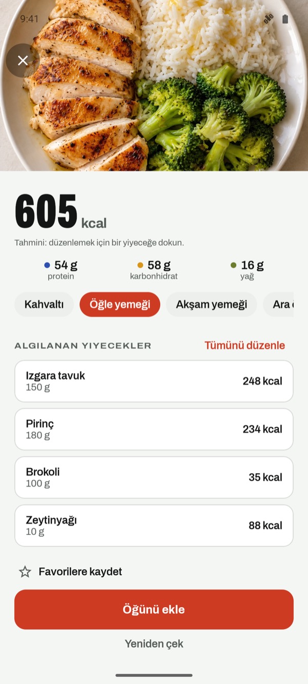 Fotoğraftan tahmin: 605 kcal, 54 g protein, 58 g karbonhidrat ve 16 g yağ